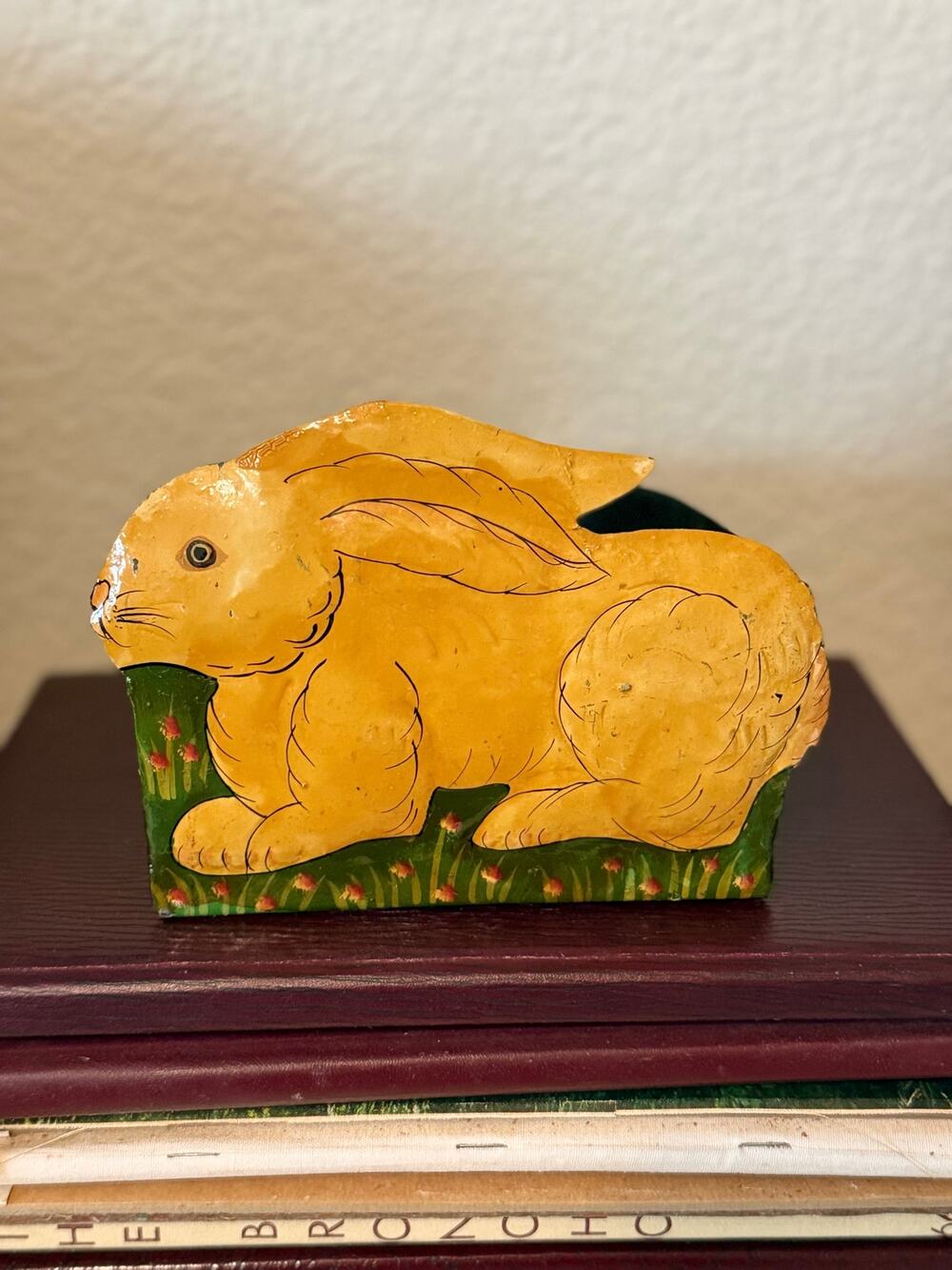 Vintage Hand Painted Metal Bunny Wall Pocket Rabbit Planter Folk Art Toleware